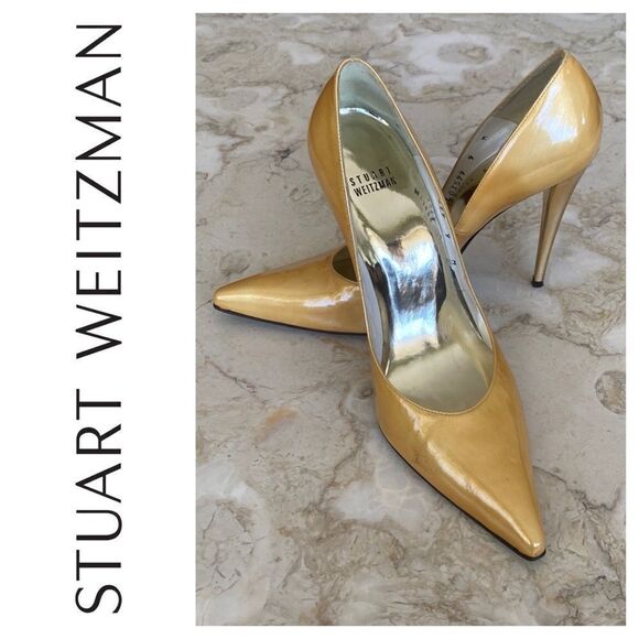 Stuart Weitzman Pumps Yellow Patent & Gold Heels - Picture 1 of 15